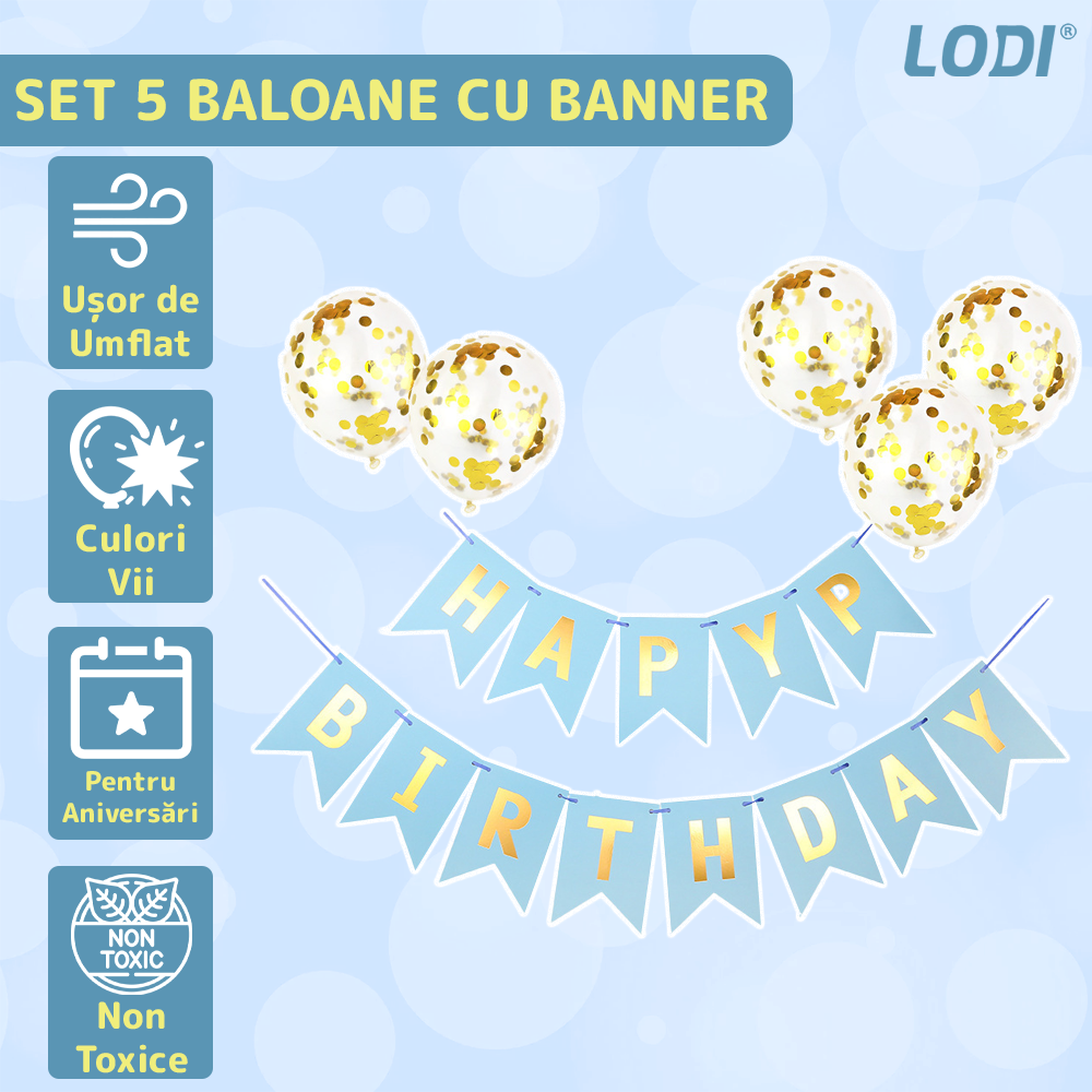 Set 5 Baloane cu Banner Lodi1062, Confetti, pentru Petreceri/Aniversari/Evenimente, model HAPPY BIRTHDAY, albastru