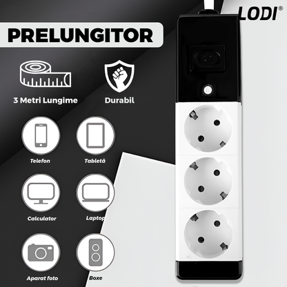 Prelungitor Lodi1280, 3 prize, intrerupator, suport de agatare incorporat, rezistent la temperaturi inalte, universal, lungime 3 metri, negru/alb