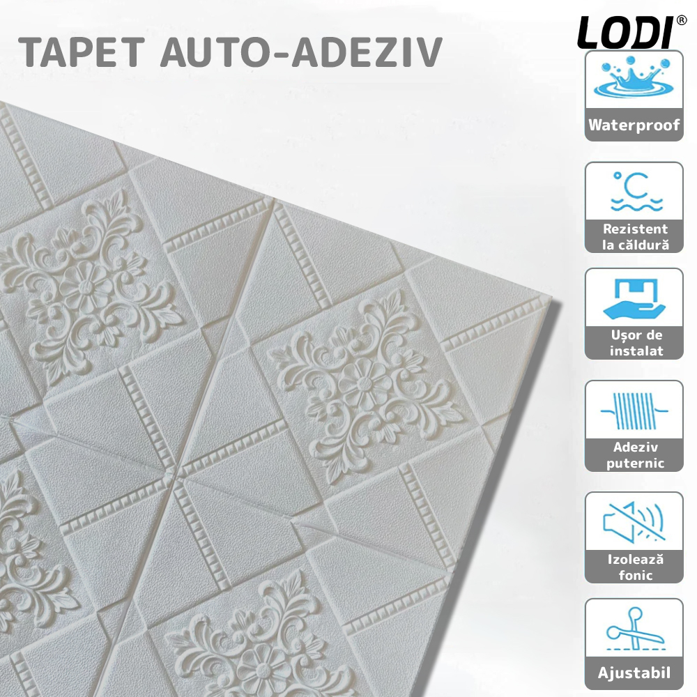 Set Tapet 3D Lodi116, suprafata acoperire 4.9 mp, autoadeziv, perete/tavan, model floral, waterproof, usor de montat, design modern, 70x70 cm, gri