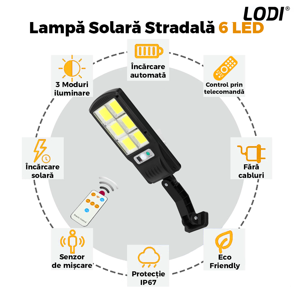 Lampa Solara Stradala 6 LED-uri Lodi861, control prin telecomanda, senzor de miscare, 3 moduri de iluminare, protectie IP67, Waterproof, exterior, negru