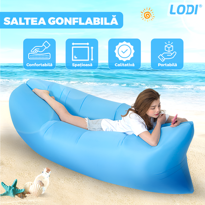 Saltea Gonflabila Tip Sezlong Lazybag Lodi1231, material rezistent, umflare fara pompa, pentru plaja/picnic/camping, rucsac de depozitare, 190 x 70 cm, albastru