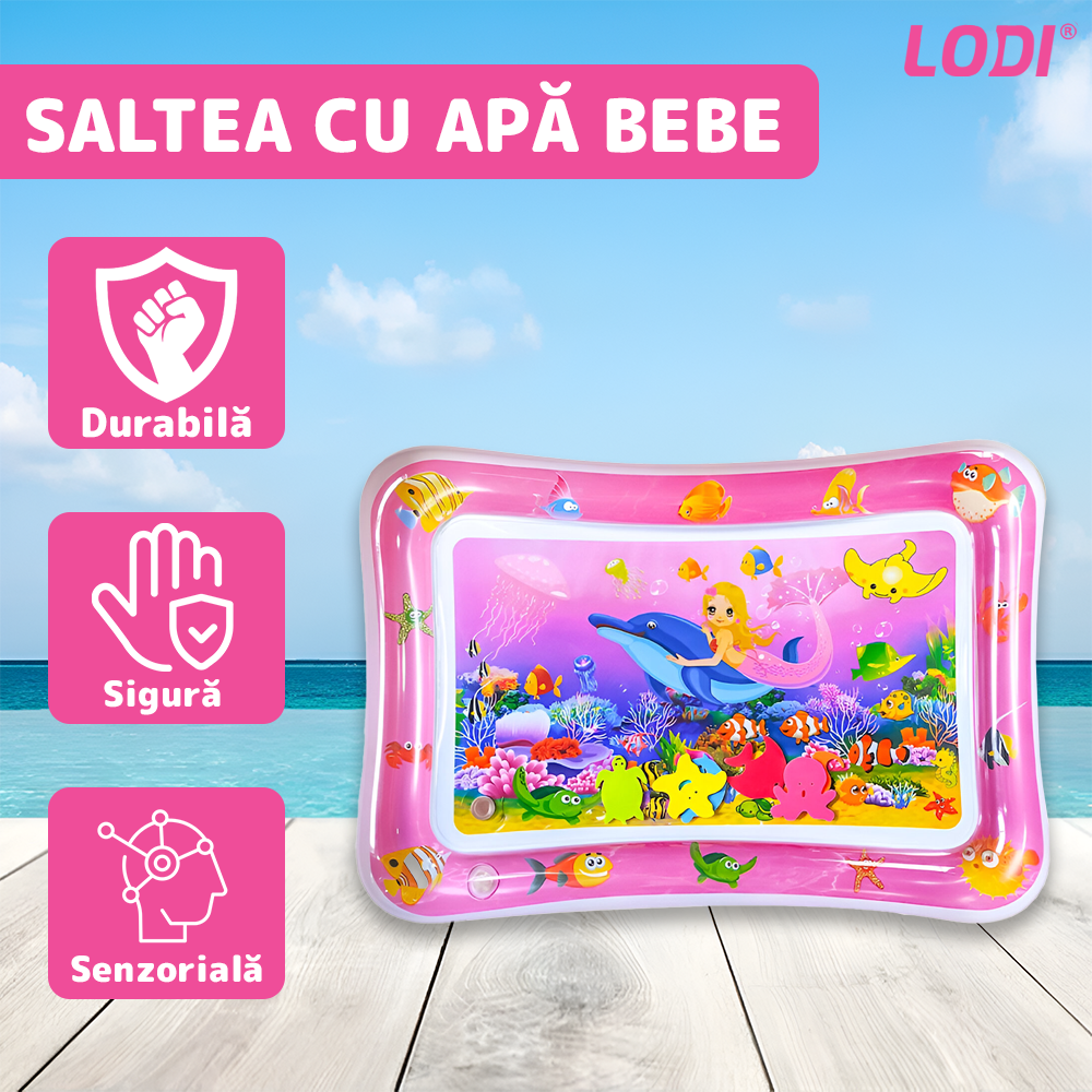 Saltea cu Apa pentru Bebelusi Lodi1207, centru de activitati si joaca, gonflabila, umpluta cu lichid, jucarii senzoriale tip animale marine, design distractiv, roz