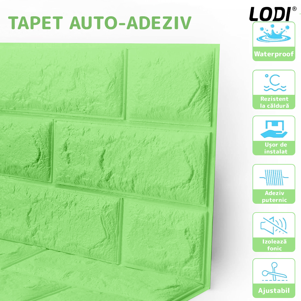 Set Tapet Caramida 3D Lodi54, suprafata acoperire 5.3 mp, autoadeziv, waterproof, usor de montat, design modern, 70x77 cm, verde