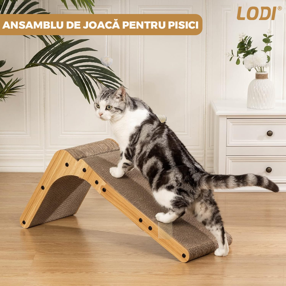 Ansamblu de Joaca pentru Pisici Orizontal si Vertical Lodi1141, model in forma de L, carton pentru zgariat, jucarie interactiva, structura stabila, durabil si non-toxic, 65 cm, maro