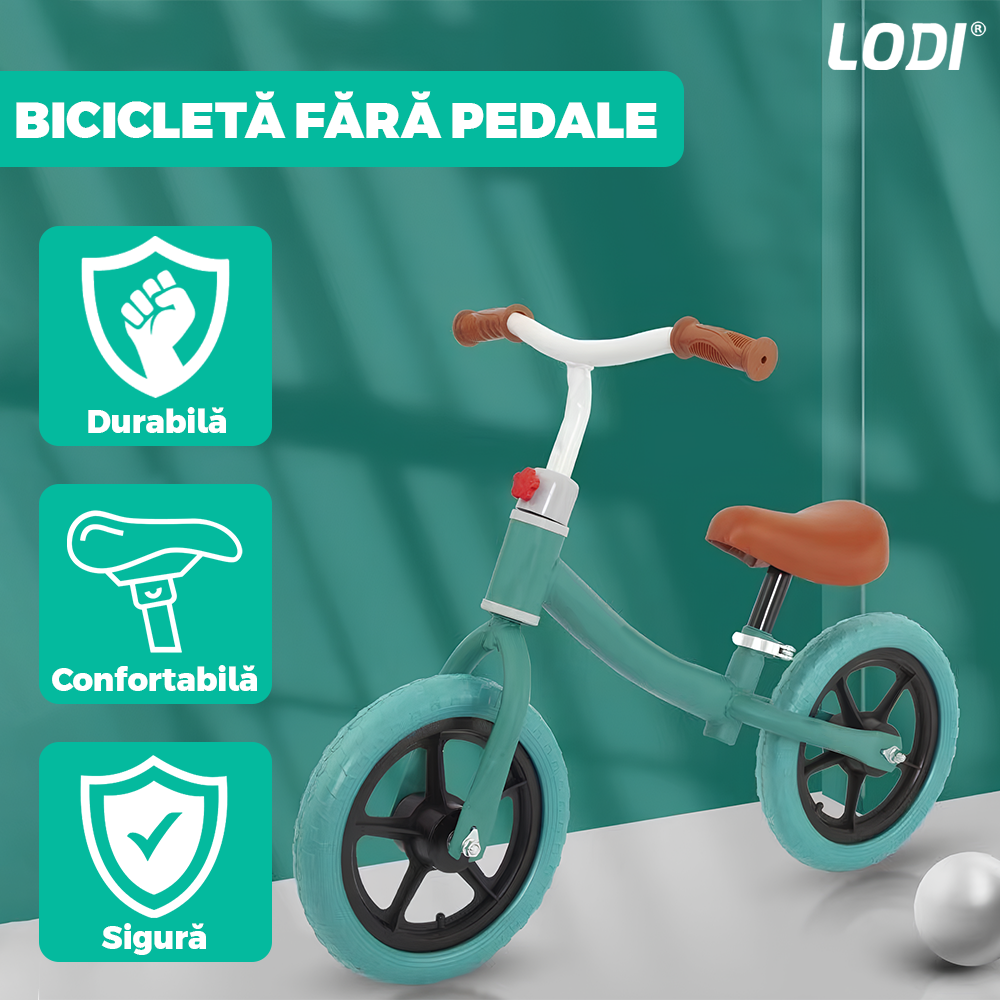Bicicleta fara Pedale Lodi1114, inaltime reglabila, manere anti-alunecare, sa confortabila waterproof, roti de 12 inch, cauciuc rezistent, 2-5 ani, verde
