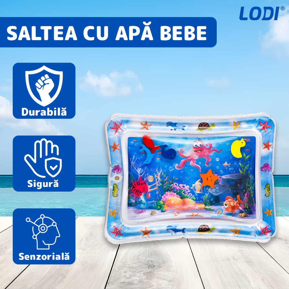 Saltea cu Apa pentru Bebelusi Lodi1206, centru de activitati si joaca, gonflabila, umpluta cu lichid, jucarii senzoriale tip animale marine, design distractiv, albastru