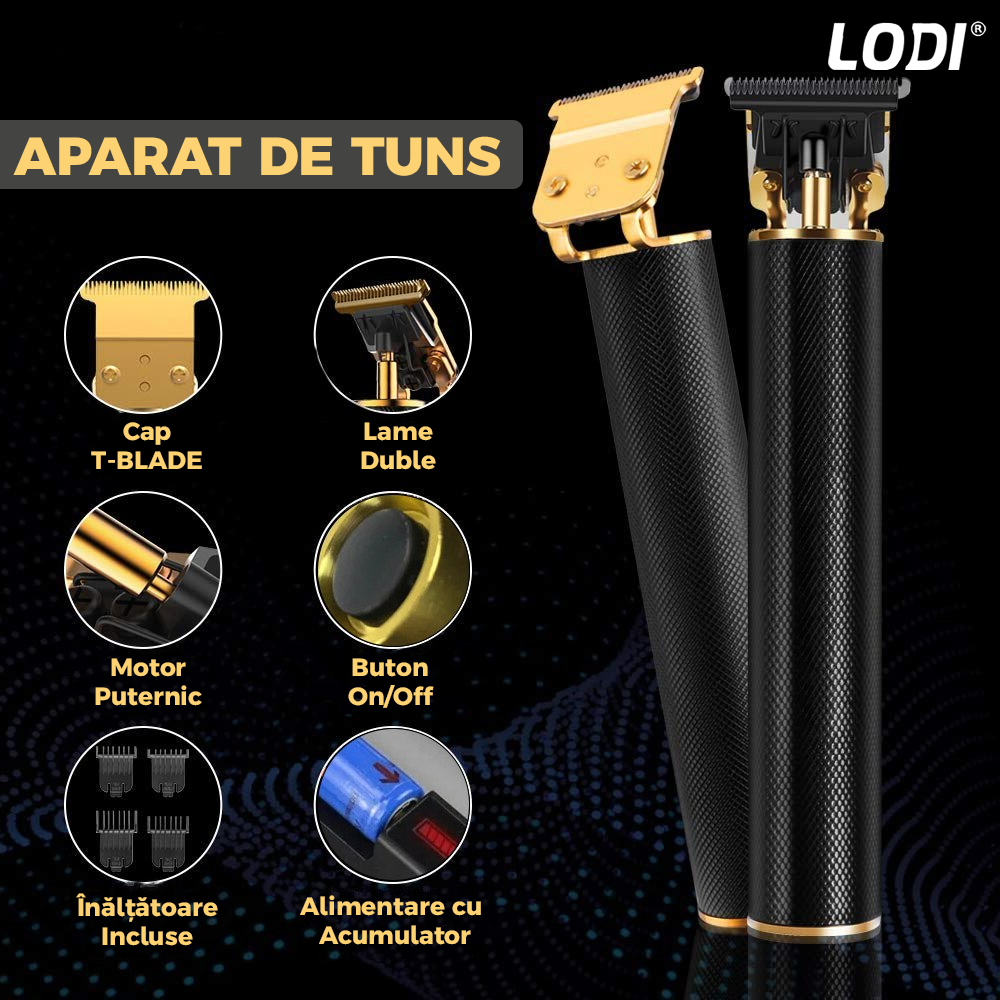 Aparat de tuns si masina de ras barba Lodi595, 4 piepteni inclusi, acumulator, lame ascutite, usor de curatat, trimmer profesional, negru