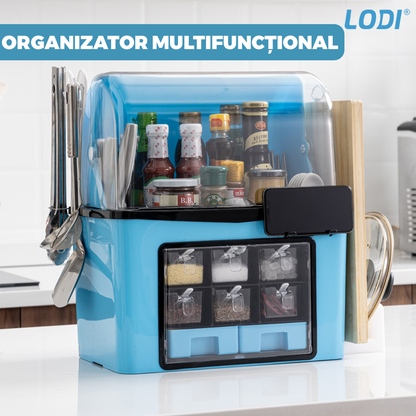 Organizator Multifunctional pentru Bucatarie Lodi485,  suport sticle, rafturi pentru condimente, cuier pentru ustensile, suport cutite, 46 x 26 x 43 cm, albastru