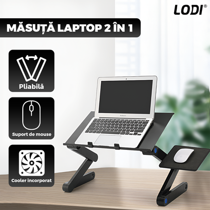 Masuta pentru Laptop 2 in 1 Lodi1241, reglabila pe inaltime, sistem de ventilatie dublu, coolere CPU, suport reglabl pentru mouse, multifunctionala, versatila, 42 x 26 cm, negru