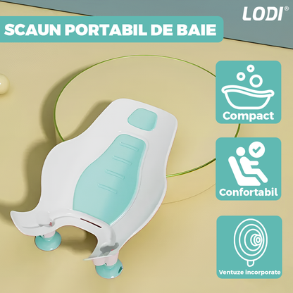 Scaun Portabil de Baie Lodi980, nou-nascuti si bebelusi, cu suport montabil tip ventuza pe chiuveta, lavoar sau cada, antiderapant, colturi rotunjite, turcoaz