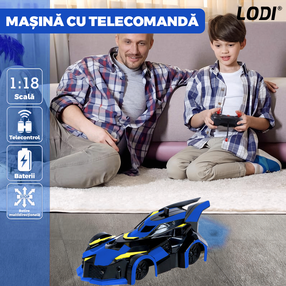 Masinuta Antigravitationala cu Telecomanda Lodi1428, urcare pe pereti si tavan, compatibila cu orice suprafata, rotire 360 de grade, senzor infrarosu, incarcare cu port USB, telecomanda intuitiva, albastru/negru