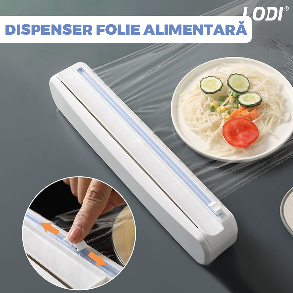 Dispenser de Bucatarie Lodi1417, pentru folie alimentara/ folie de aluminiu/ hartie de copt, rezistent, montare usoara cu ventuze, compatibil cu diverse dimensiuni de role, alb