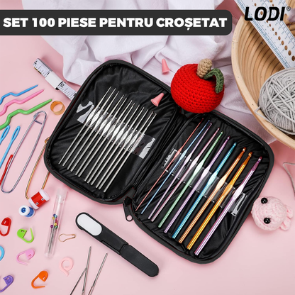 Set Profesional de Crosetat Lodi663, 100 de piese, 12 andrele subtiri argintii, 10 andrele groase multicolore, foarfeca, rigla si accesorii pentru tricotat, husa de depozitare, negru
