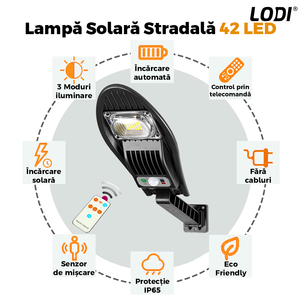 Lampa Solara Stradala 42 LED-uri Lodi867, rotunda, control prin telecomanda, senzor de miscare, 3 moduri de iluminare, protectie IP65, Waterproof, exterior, negru