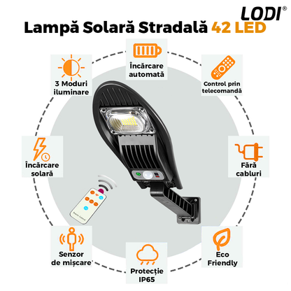 Lampa Solara Stradala 42 LED-uri Lodi867, rotunda, control prin telecomanda, senzor de miscare, 3 moduri de iluminare, protectie IP65, Waterproof, exterior, negru