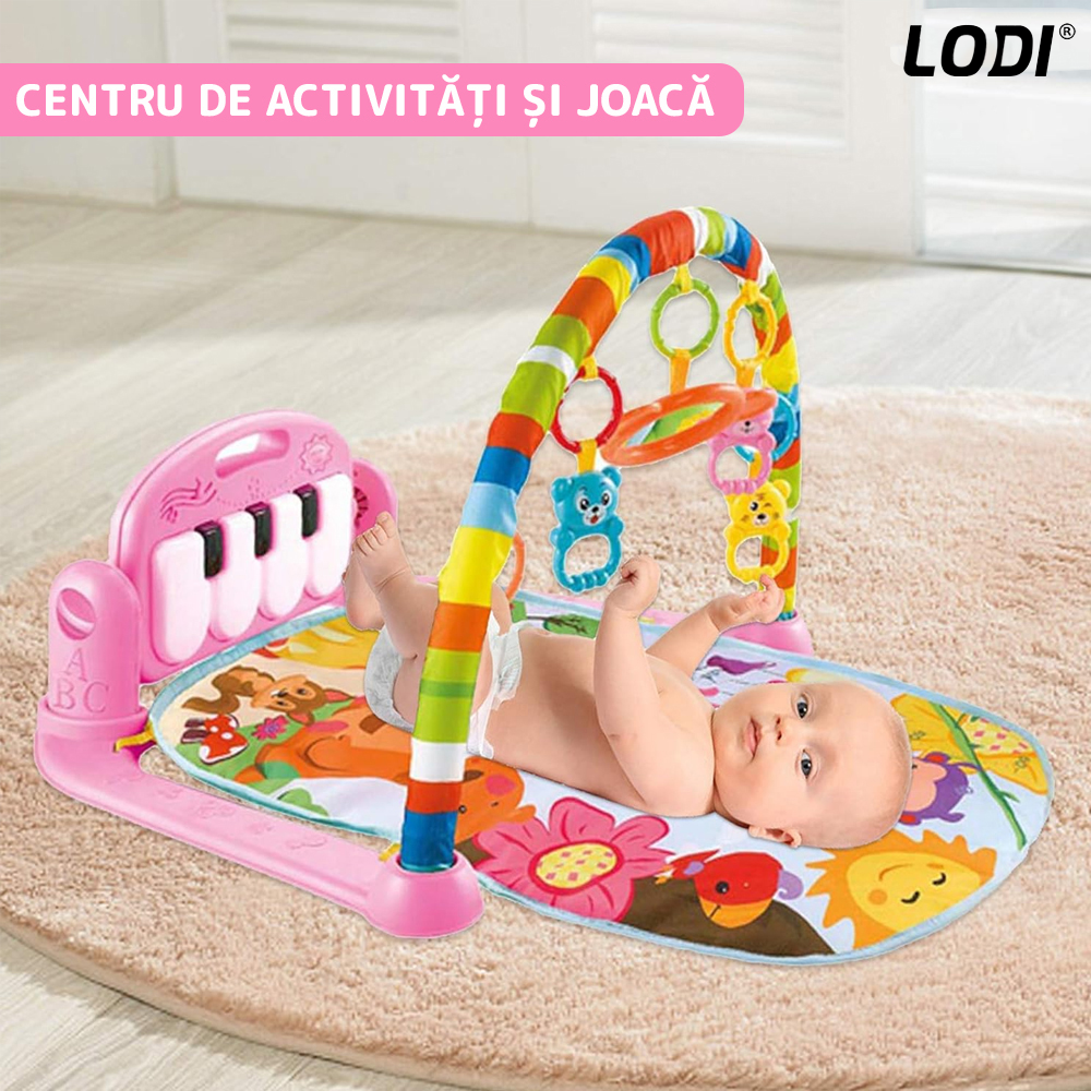 Centru de Activitati si Joaca Lodi327, saltea interactiva pentru copii  cu sunete, multifunctional, pian si oglinda detasabile, jucarii zornaitoare, 4 moduri interactive si educative, roz