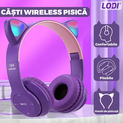 Casti Wireless Model Pisica Lodi952, P47M, overear, urechi de pisica cu iluminare RGB, bluetooth 5.0, handsfree, HiFi, bass stereo, mov