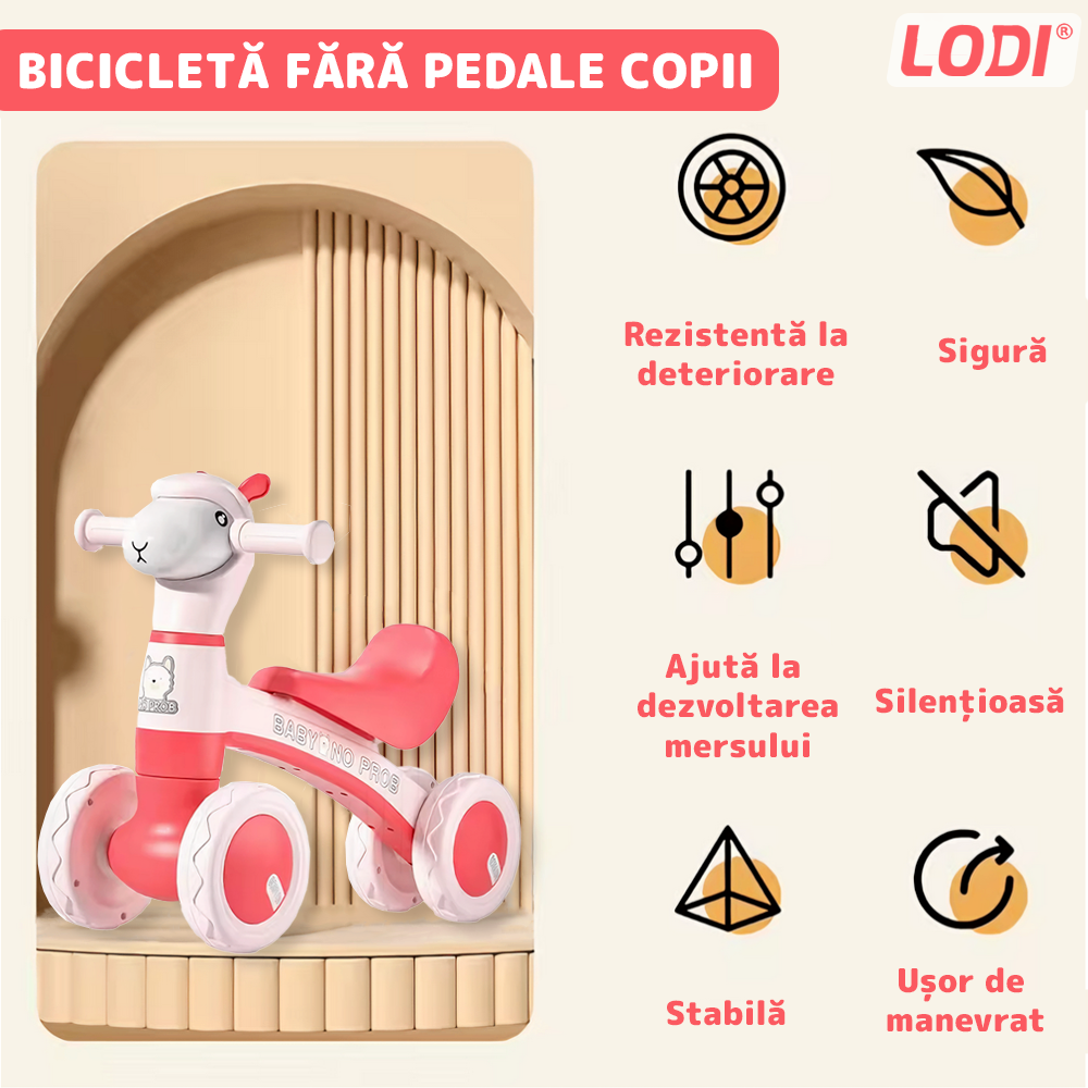 Bicicleta cu 4 Roti fara Pedale Oita Lodi1103, structura stabila, cap luminos, functie cu muzica, lansator de baloane incorporat, 80 x 58 x 51 cm, 1-3 ani, roz