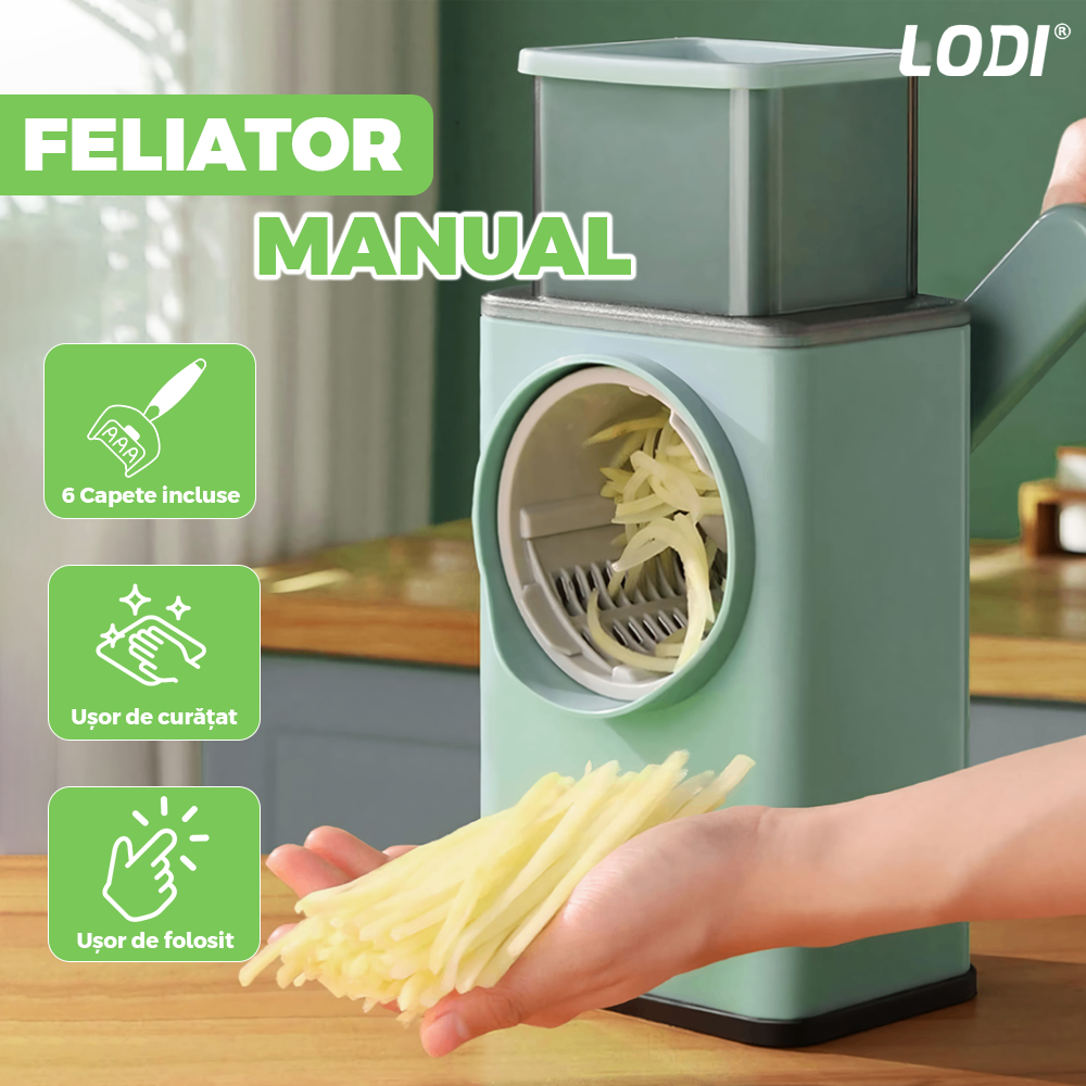 Feliator Manual Lodi1454, pentru fructe/legume/branzeturi moi, 6 lame interschimbabile, usor de utilizat, baza antialunecare cu buton de vacuum, piese detasabile, verde