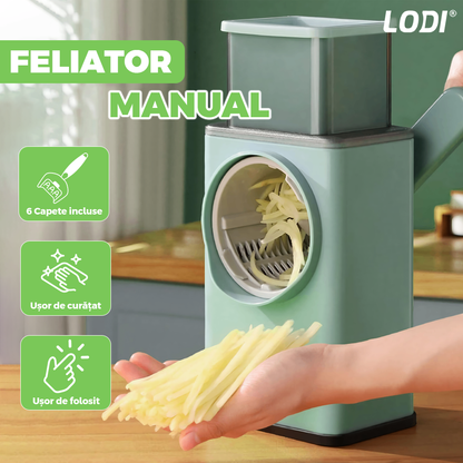 Feliator Manual Lodi1454, pentru fructe/legume/branzeturi moi, 6 lame interschimbabile, usor de utilizat, baza antialunecare cu buton de vacuum, piese detasabile, verde