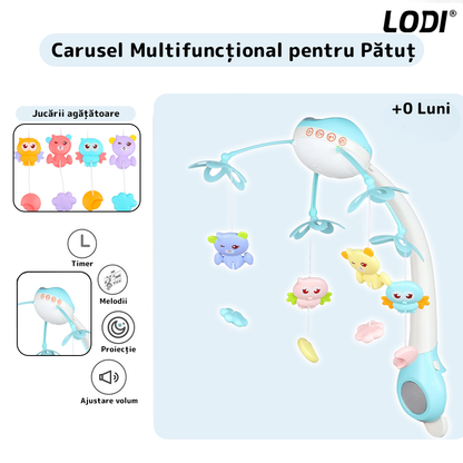 Carusel Muzical pentru Patut Lodi525, Bebe, control prin telecomanda, proiector, muzica si lumini, jucarii detasabile, albastru deschis