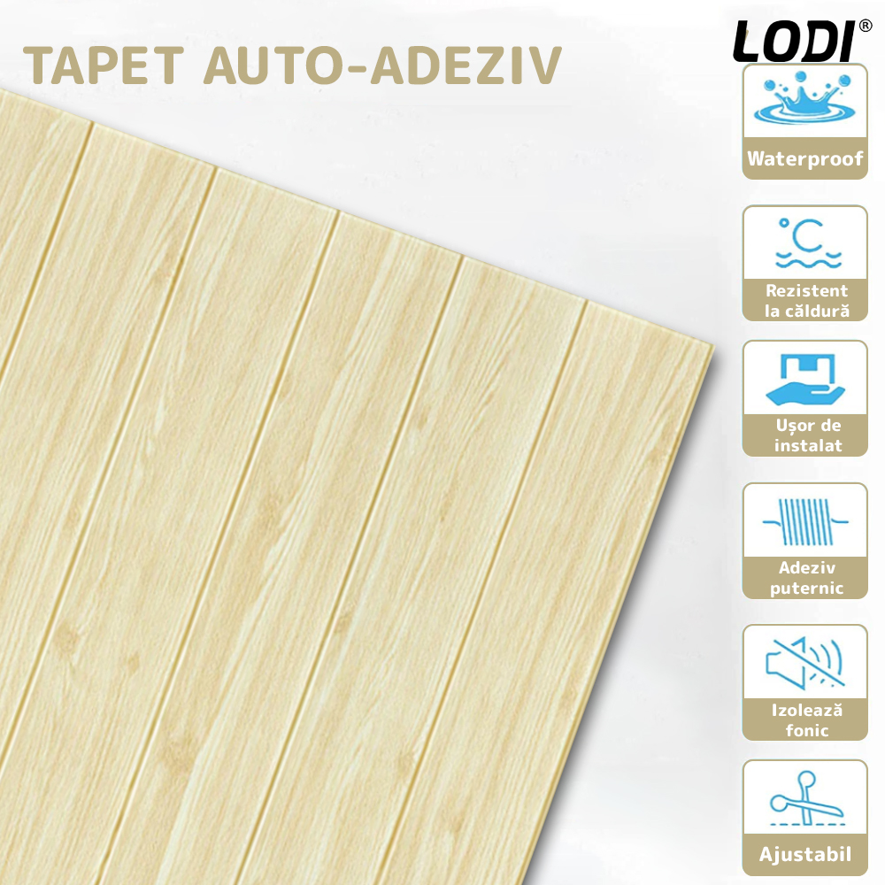 Set Tapet Panou 3D Lodi100, Model Lemn, suprafata acoperire 4.9 mp, autoadeziv, waterproof, usor de montat, design modern, 70x70 cm, galben