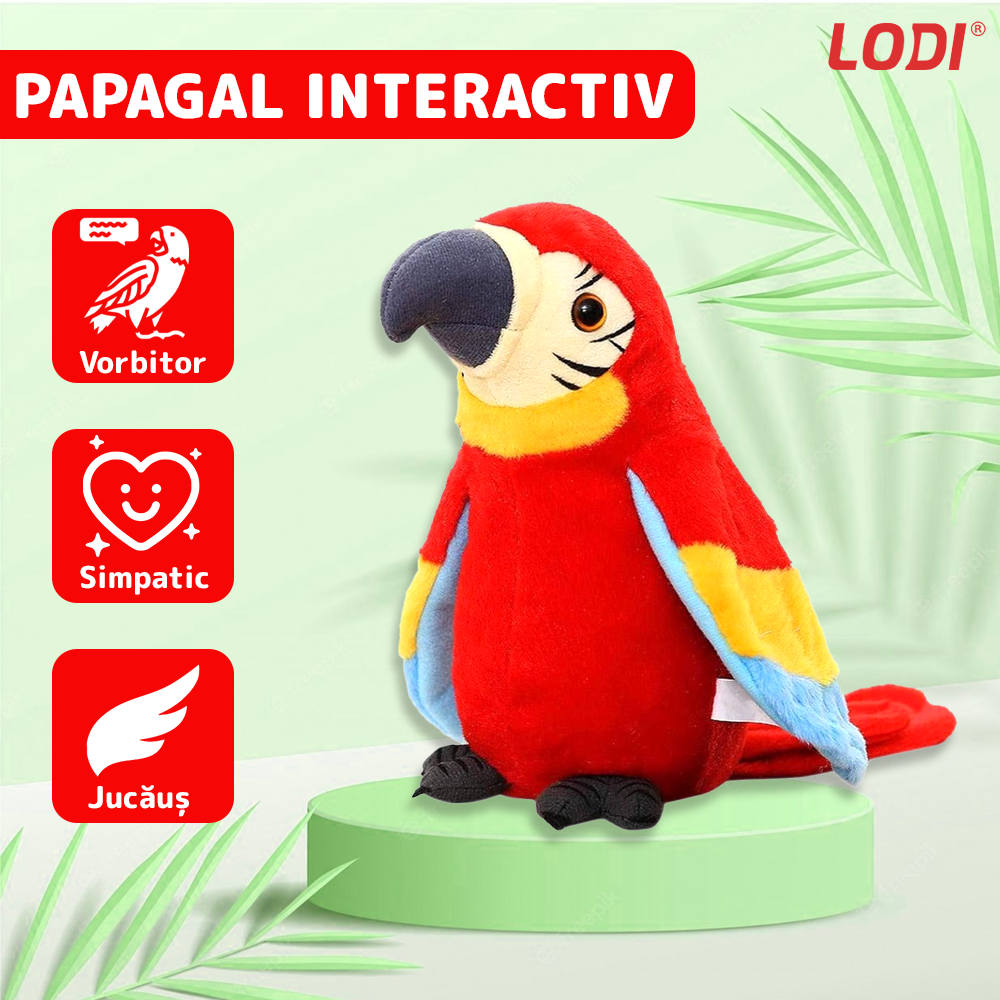 Jucarie interactiva Papagal Vorbitor Lodi607, care repeta tot ce aude, isi misca aripile si corpul, pufos, distractiv, rosu