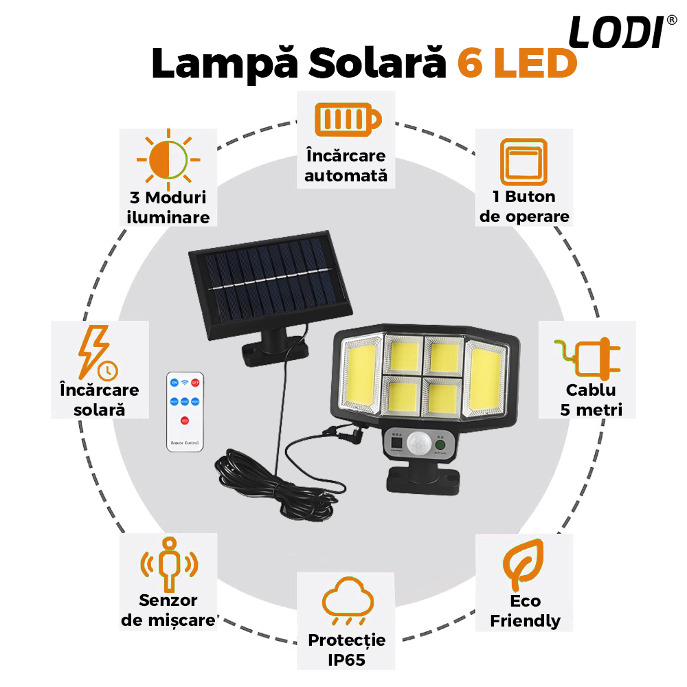 Lampa Solara 6 LED-uri Lodi888, senzor de miscare, control prin telecomanda, 3 moduri de iluminare, protectie IP65, Waterproof, exterior, negru