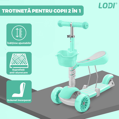 Trotineta pentru Copii 2 in 1 Lodi1111, scaunel incorporat, lumini,3 roti, cosulet frontal, anti-aluncare, inaltime ajustabila, stabila, frana, incorporata, 3-11 ani, turcoaz