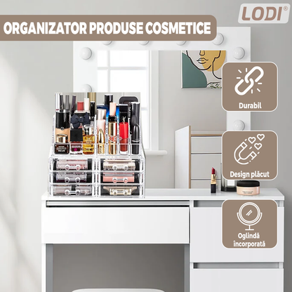 Organizator Cutie Depozitare pentru Produse Cosmetice Lodi473, bijuterii si alte obiecte, 6 sertare, piese detasabile, transparent, 24 x 19 cm