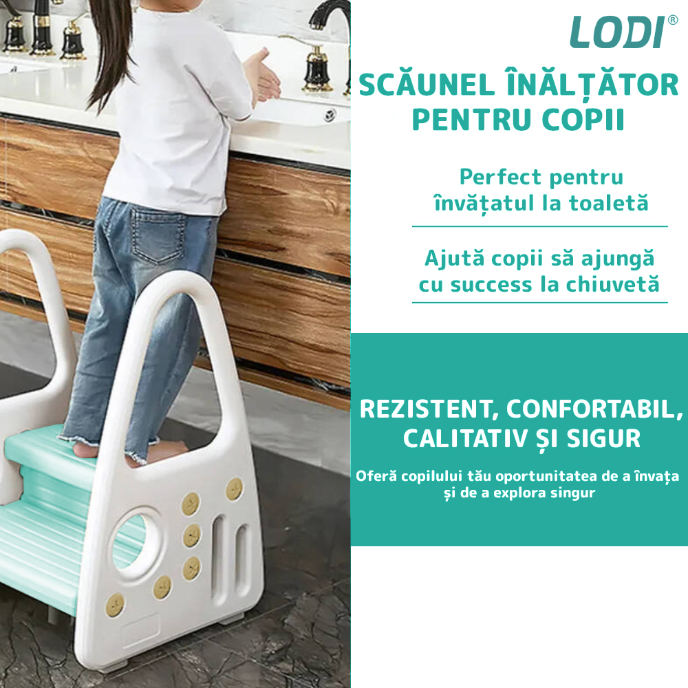 Scaunel Inaltator pentru Copii Lodi640, multifunctional,  tip scara, doua trepte, suprafata anti-alunecare, manere laterale, pentru bucatarie/baie, confortabil, sigur, turcoaz
