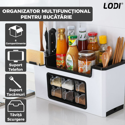 Organizator Multifunctional pentru Bucatarie Lodi531, 6 Compartimente, raft condimente, suport detasabil telefon,  tavita de scurgere, suport tacamuri/ustensile, alb