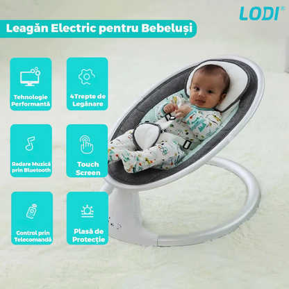 Leagan Electric Lodi123, conectivitate Bluetooth, telecomanda, plasa protectie tantari pentru bebelusi, jucarii, muzica, gri