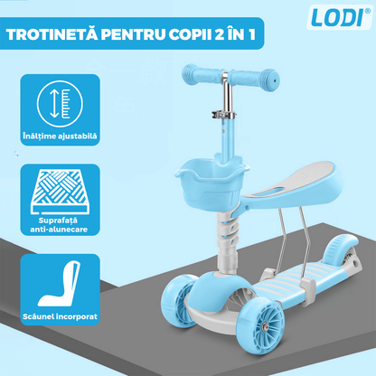 Trotineta pentru Copii 2 in 1 Lodi1112, scaunel incorporat, lumini,3 roti, cosulet frontal, anti-aluncare, inaltime ajustabila, stabila, frana, incorporata, 3-11 ani, albastru