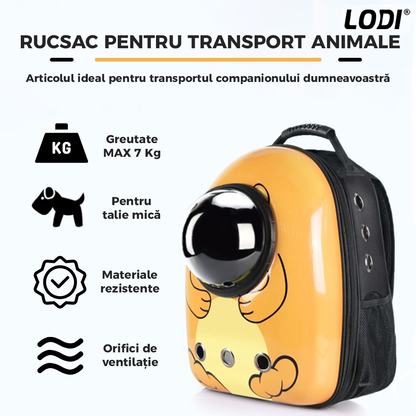 Rucsac Transport Animale Lodi28, greutate Max 7kg, hublou transparent, buzunar lateral, accesorii incluse, pentru talie mica, Urs, maro