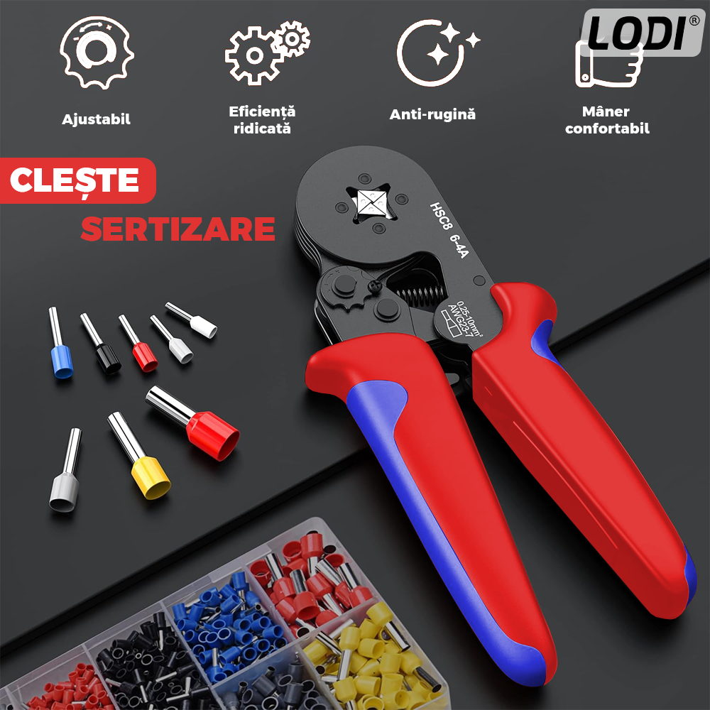 Trusa Sertizare Cabluri Electrice Lodi1268, ferule, cleste sertizare auto-reglabil cu revenire automata 0.25-10mm, maner anti-alunecare, 500 pini terminali, rosu/albastru
