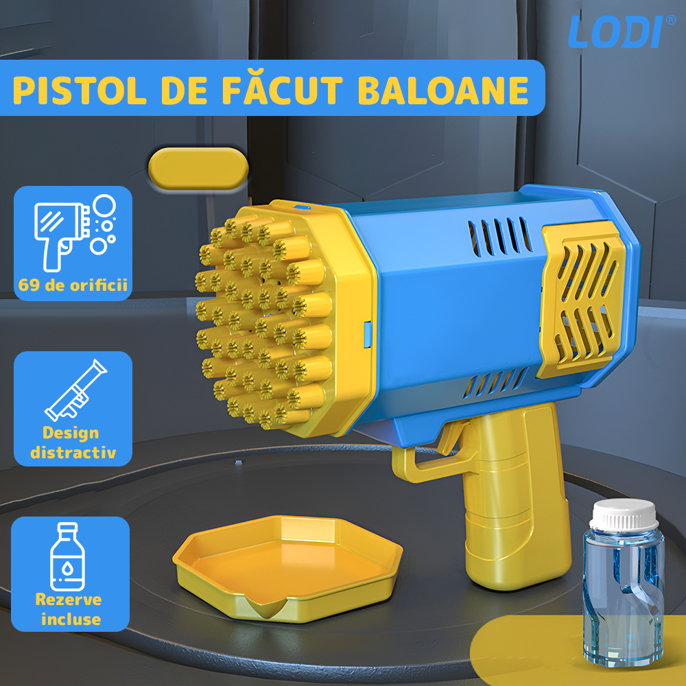 Pistol de Facut Baloane Bubble Gun Lodi1213, tip Bazooka, automat, 69 orificii pentru bule, alimentare cu baterii, albastru/galben