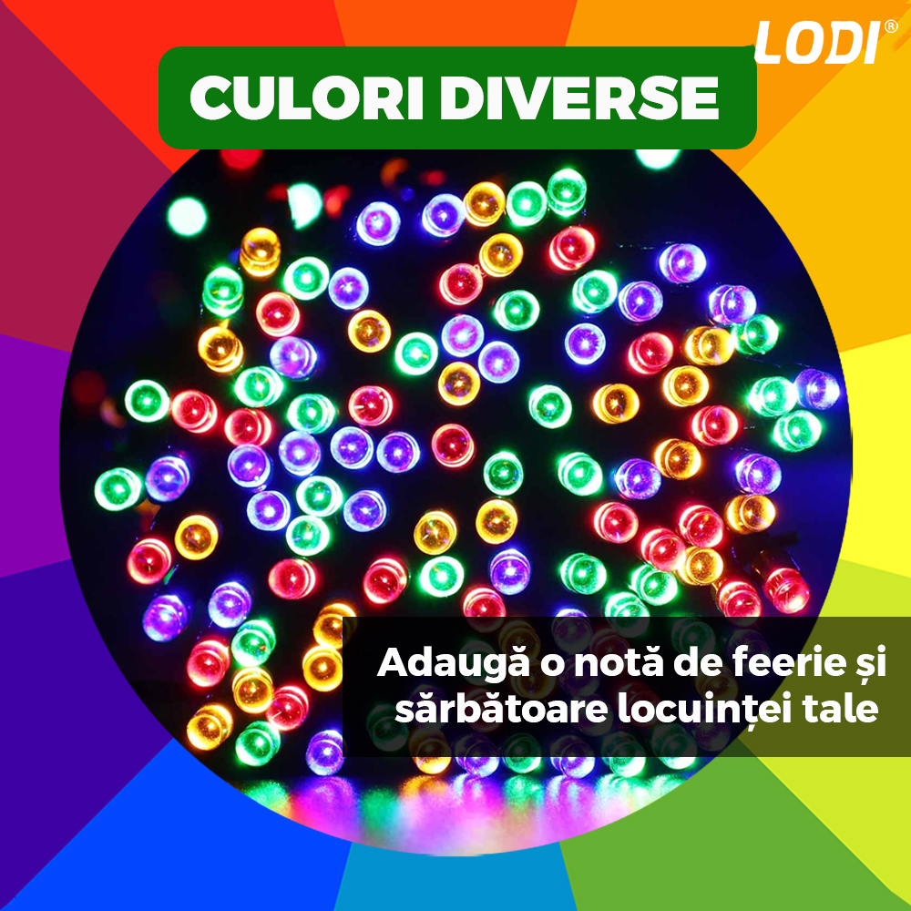 Instalatie de Craciun Liniara Lodi1456, 15 m, 8 jocuri de lumini, alimentare la priza, interior/exterior, rezistenta la apa, 200 LED-uri, multicolor