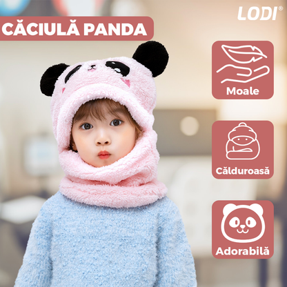 Caciula Pentru Copii Tip Cagula Lodi523, 2 in 1, tematica lumea animalelor, model ursulet panda zambitor, 1-5 ani, roz