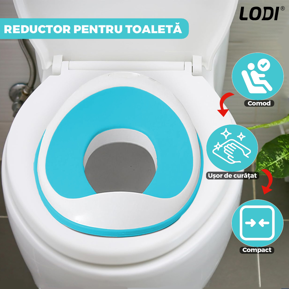 Reductor WC Copii Lodi650, suprafata antiderapanta, confortabil, protectie impotriva stropilor, compatibilitate universala, inel de prindere, portabil, alb/albastru
