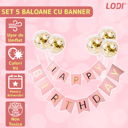 Set 5 Baloane cu Banner Lodi1061, Confetti, pentru Petreceri/Aniversari/Evenimente, model HAPPY BIRTHDAY, roz