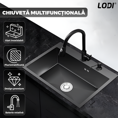 Chiuveta Multifunctionala pentru Bucatarie Lodi1218, materiale premium, baterie extensibila cu furtun de 60 de cm, rotire 360°, dozator de sapun inclus, scurgator de vase detasabil, adanca, usor de montat, negru mat