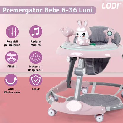 Premergator Multifunctional pentru Bebelusi Lodi29, tava cu 3 jucarii, muzica, reglabil, pliabil, greutate max 20kg, 6-36 luni, roz