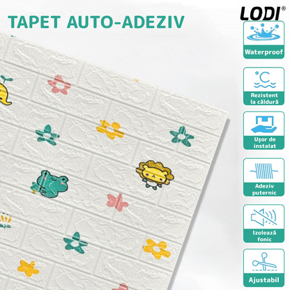 Set Tapet Caramida 3D Lodi75, model Animalute, autoadeziv, suprafata acoperire 5.3 mp, waterproof, usor de montat, design modern, 70x77 cm, alb