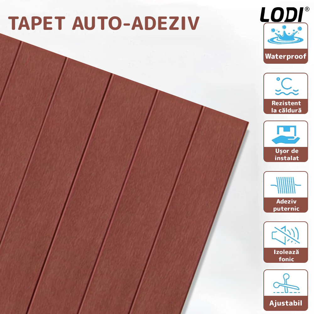 Set Tapet Panou 3D Lodi101, Model Lemn, suprafata acoperire 4.9 mp, autoadeziv, waterproof, usor de montat, design modern, 70x70 cm, maro inchis