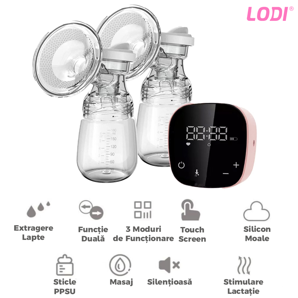 Pompa de San Electrica Dubla Lodi35, 3 functii, 9 niveluri de intensitate, 2 biberoane, masaj, stimulare, suctiune, afisaj digital, touch screen, capacitate 300ml, roz