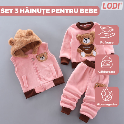 Compleu Copii din 3 Piese Lodi508, unisex, toamna-iarna, plus moale cu ursulet, bluza, pantaloni si vesta cu gluga pufoasa, 110 cm, roz