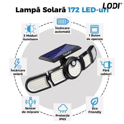 Lampa Solara 172 LED-uri Lodi265, 5 Capete, senzor de miscare, 3 moduri de iluminare, protectie IP65, Waterproof, exterior, negru