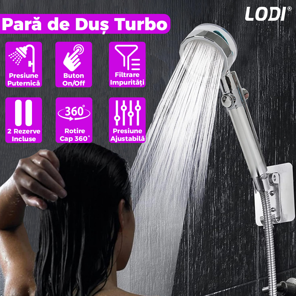 Para de Dus Turbo Lodi199, 2 filtre extra, buton On/Off, presiune ajustabila, filtrare apa, jet uniform, cap Rotativ 360°, mov