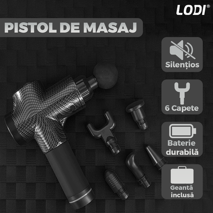 Aparat Profesional pentru Masaj tip Pistol Lodi675, 30 viteze, motor silentios fara perii, 3200 percutii, sistem racire, 2500mAh, 6 capete, incarcare rapida, geanta pentru depozitare, negru